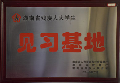 湖南省残疾人大学生见习基地（湖南省人力资源和社会保障厅、教育厅、湖南省残疾人联合会）2010年6月颁发